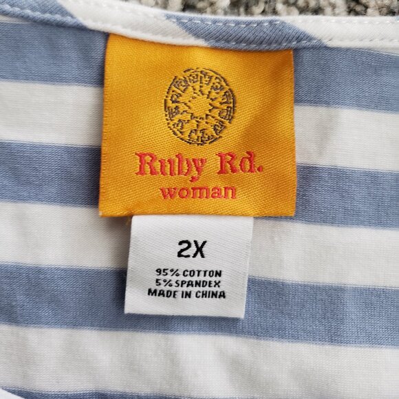 RUBY RD Blue white Stripe Top 3/4 Length Bell Sleeves 2x New with Tag - Picture 3 of 9